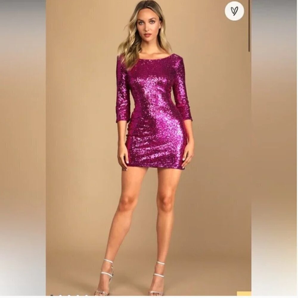 LULU'S Magenta Sequin Bodycon Dress with 3/4 Sleeves, Size Small NEW WITH TAG!